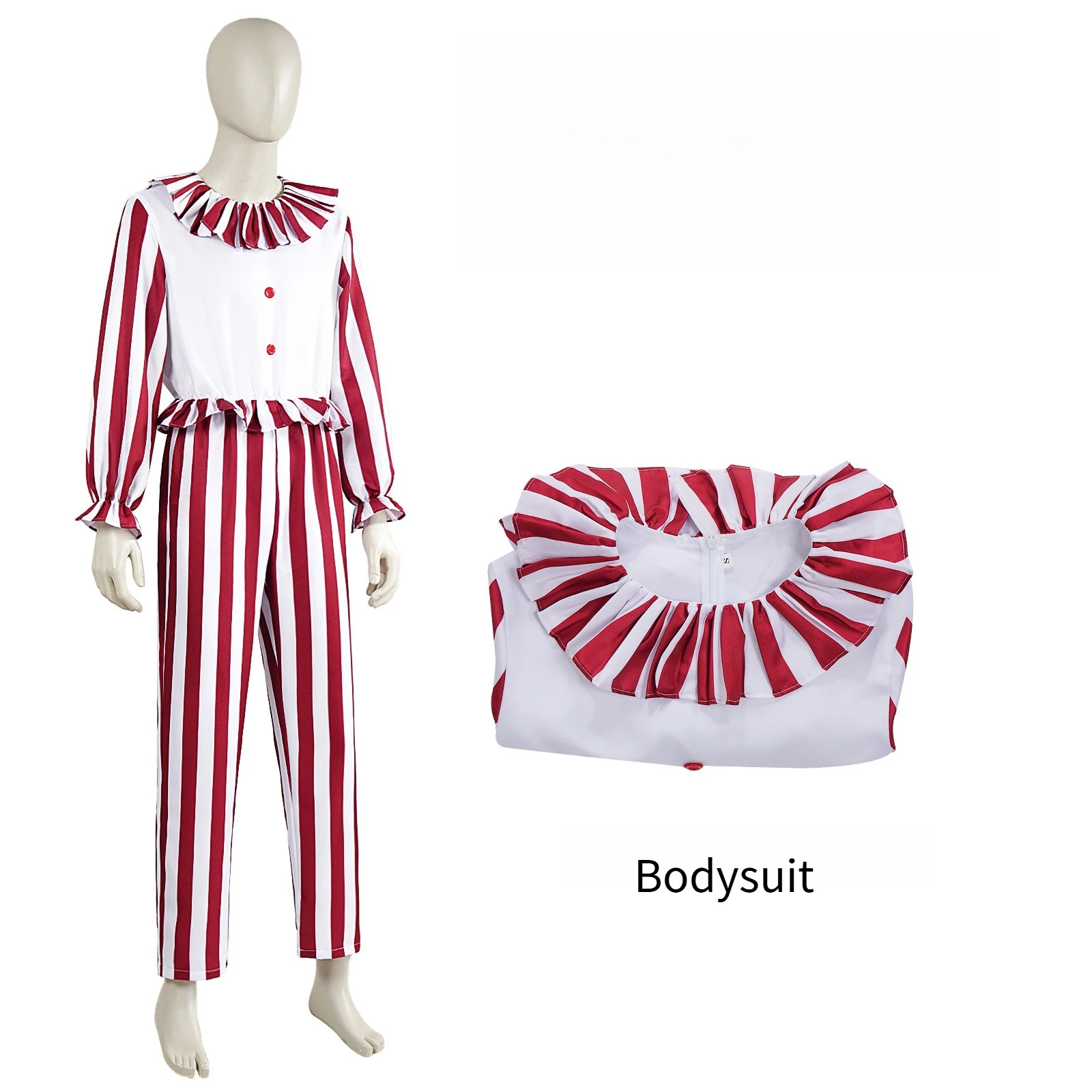 THEEPER Halloween-Clown-Kostüm für Erwachsene, rot-weiß gestreifter Overall mit Rüschenkragen, Cosplay-Outfit für Männer und Frauen, Halloween-Party