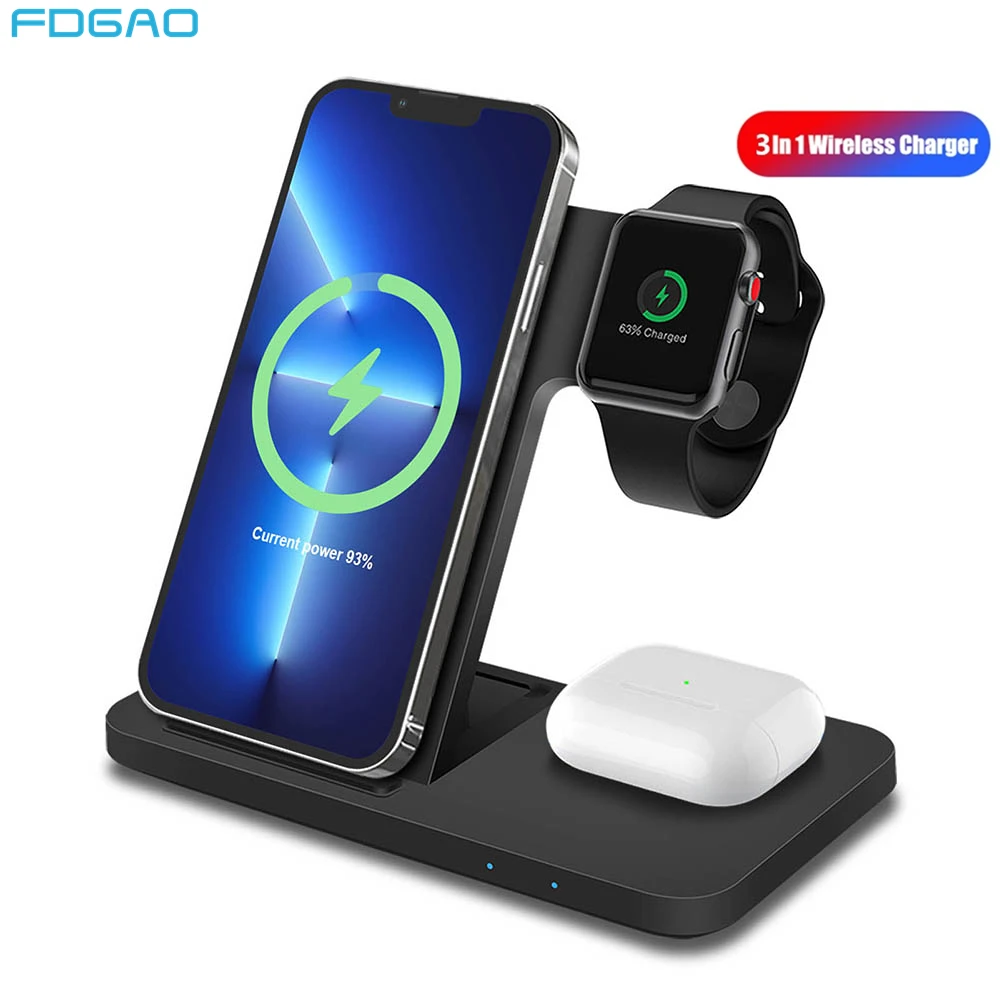 15W 3 in 1 Wireless Charger Stand for iPhone 15 14 13 12 11 XS XR Fast Charging Dock Station For Apple Watch 9 8 SE AirPods Pro