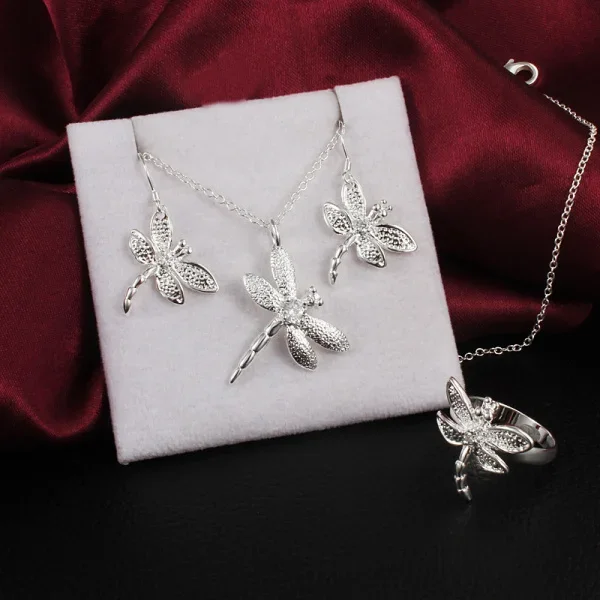 

New Street Fashion 925 Sterling Silver Crystal Dragonfly Pendant Necklace Earring Ring for Women Jewelry Set Party Wedding Gifts