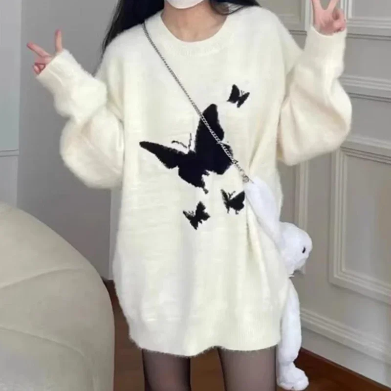 

Cartoon butterfly mink velvet long sweater women's autumn and winter new thick western style plus size loose lazy wind sweater