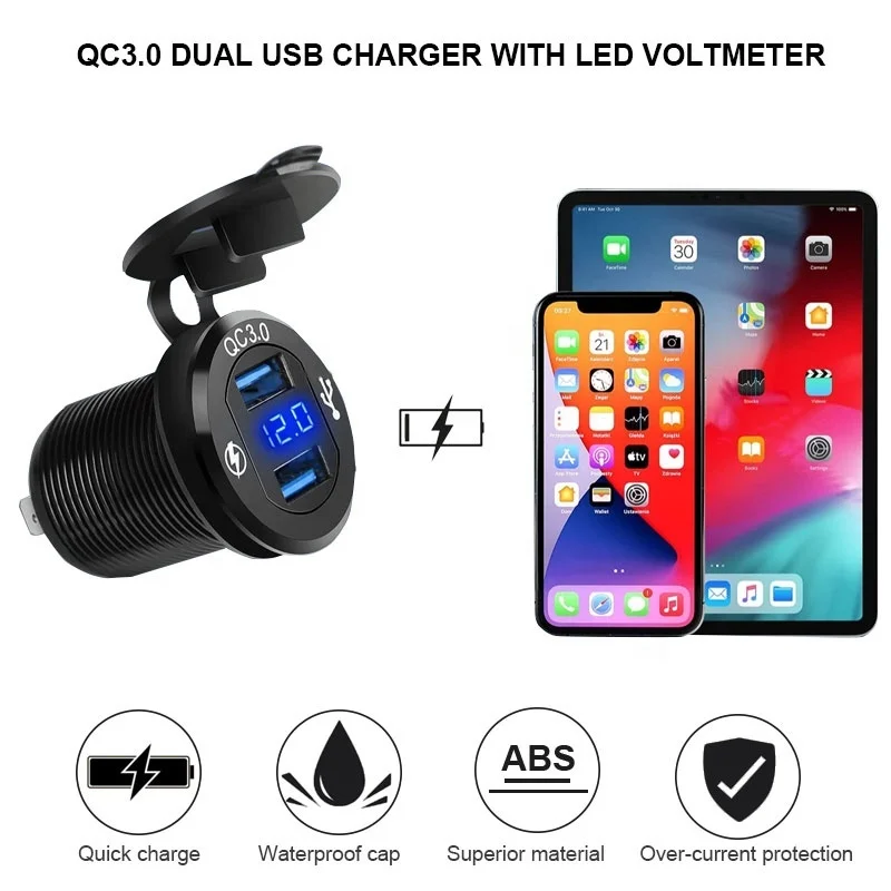 Voltímetro de Panel de 4 bandas, interruptor basculante de CC, resistente al agua, 12V-24V, con cargador USB Dual QC3.0 y Noche