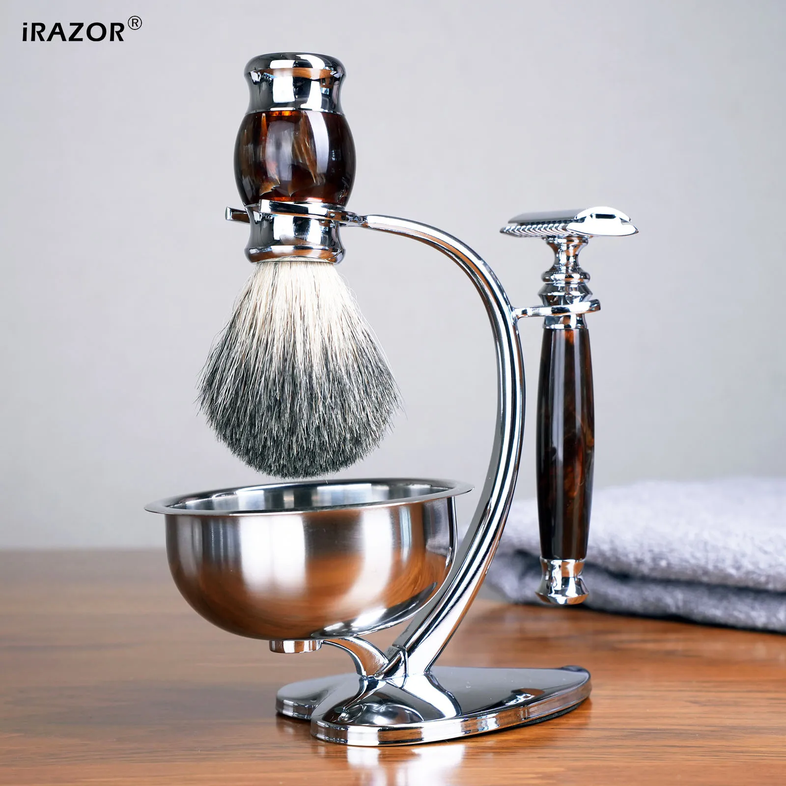 iRAZOR Men's Grooming Gift Set 4-in-1 Wet Shave Kit Magnetic Soap Bowl Stand Natural Hair Brush Luxury Birthday Present for Men