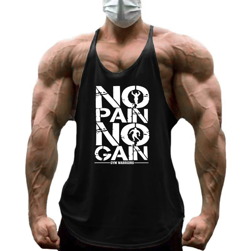 NO PAIN NO GAIN Mens Running Vests Cotton Bodybuilding Sleeveless Shirt Gym Stringer Tank Tops Muscle Singlets Fitness Clothing