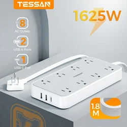 TESSAN Electrical Extension Flat Plug Type C Multi-Plug Strap Multi-Plug Connector with 8 AC Outlets and 3 USB Ports (1 Type C)