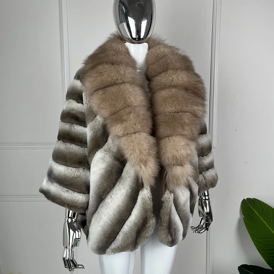 Women's Coat Real Rex Rabbit Fur Coat Women Luxury Winter Natural Fox Fur Jacket Chinchilla Color Natural Rabbit Fur Coats
