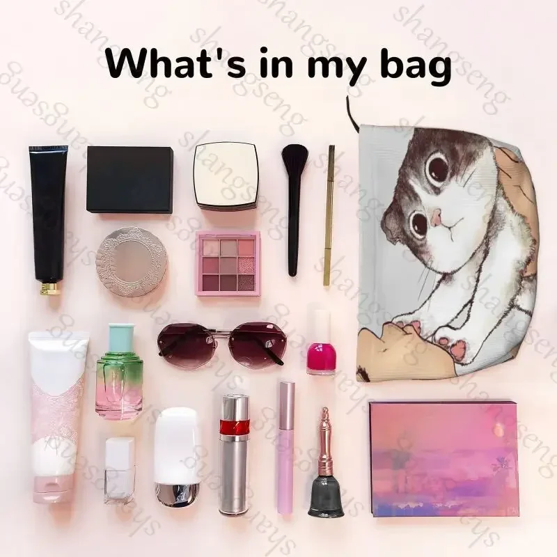 Lustige Cord-Kosmetiktasche, tragbare Reise-Kulturtasche, Aufbewahrungstasche für Schönheits-Make-up, Hautpflege, Kleinigkeiten, süße küssende Katze