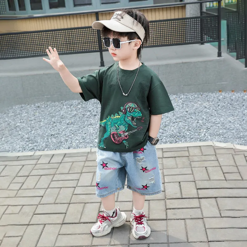 Summer Baby Boy Dinosaur Costume 2 Pieces Suit T-shirt Denim Shorts Clothing Set for Kids Child Casual Cartoon Dinosaur Outfit