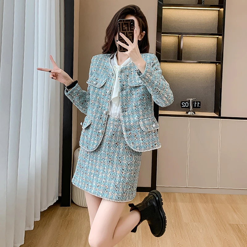 Autumn Winter High Quality New Blue Tweed Two-Piece Set Women Beaded Short Jacket + Mini Skirt Elegant Temperament Chic Suits