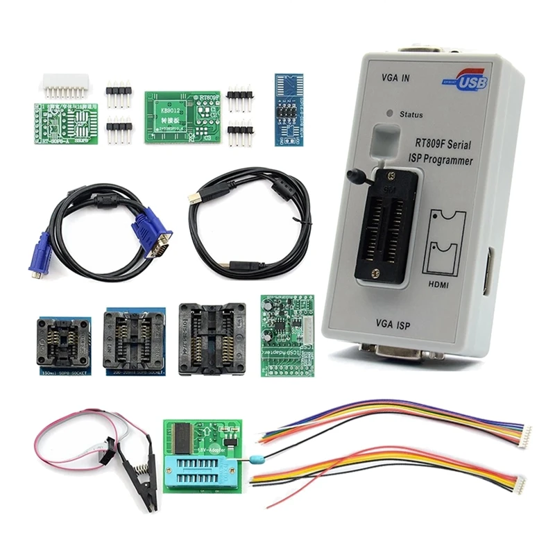 

RT809F Serial ISP Programmer Kit With 11 Adapters +1.8V Adapter+SOP8 Test Clip+EDID Cable +ICSP Bios Universal Programmer Set