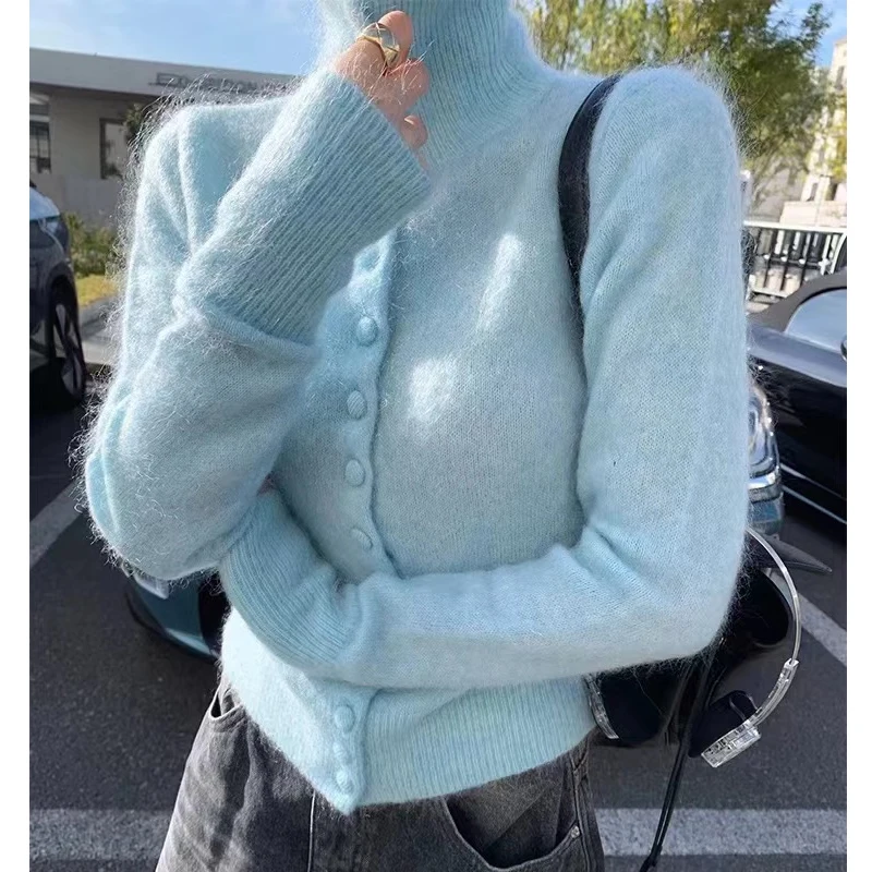 

Кардиган с высоким воротником, корейский модный мягкий вязаный шерстяной свитер, осень-зима, ретро, женский трикотаж с длинными рукавами