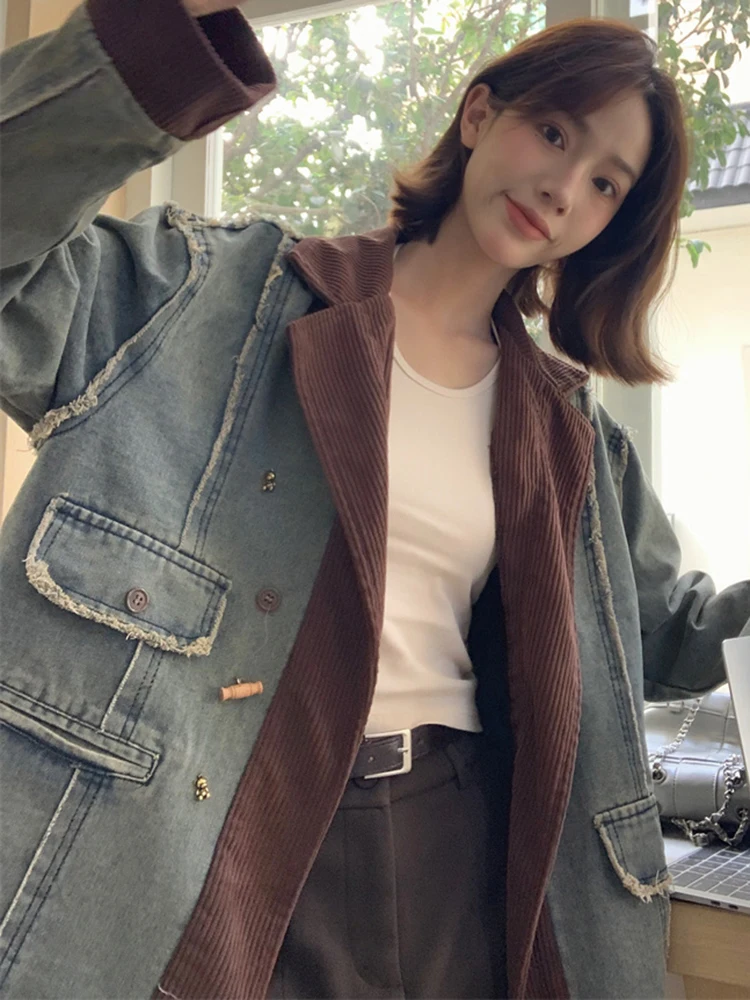 Retro Ripped Corduroy Jacket Coat Loose Casual Single-Breasted Pocket Outwear Fall Winter Long Sleeve Patchwork Denim Jackets
