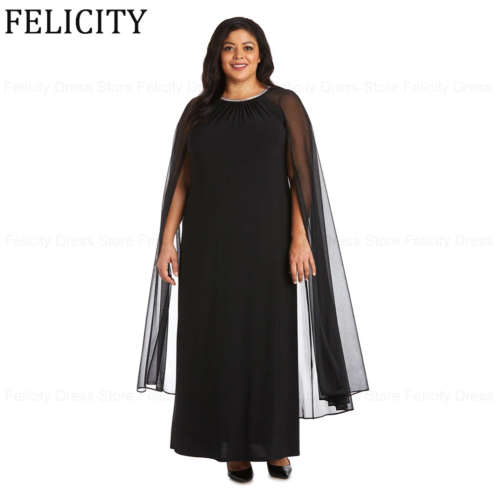 

Black Plus Size Mother of the Bride Dresses 2024 Sheath O-Neck Wedding Guest Dresses Chiffon Pleated Floor-Length Evening Gowns