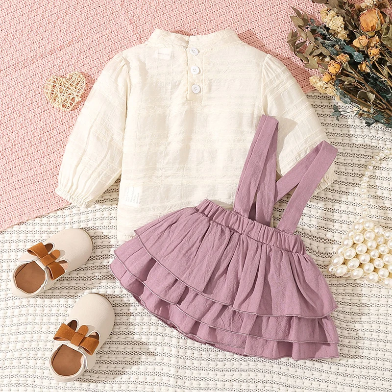 

Baby Girl Suspender Shorts Set Puff Long Sleeve Tops Solid Color Ruffle Shirt Toddler Bloomers Shorts Summer Clothes