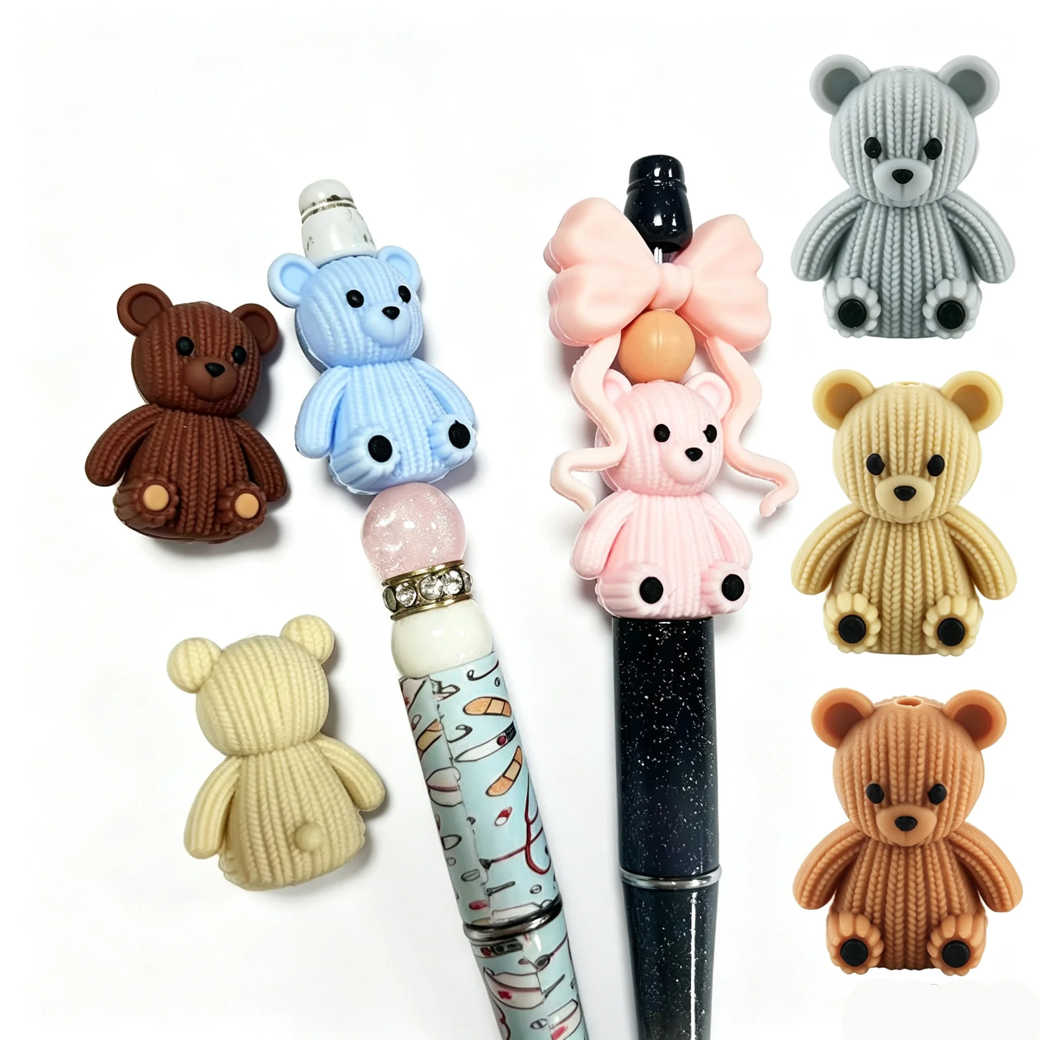 Kovict 20-50pcs/Lot 3D Knitted Bear Silicone Beads Multicolor Focal Beads Wholesale DIY For Jewelry Making Keychain Accessories