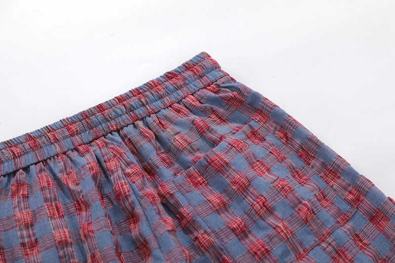 Kreppige, strukturierte, karierte Wide-Leg-Hose in Blau-Rot mit elastischem Bund, Lounge-Hose, Oversize-Vintage-Preppy-Freizeithose – Detail 9