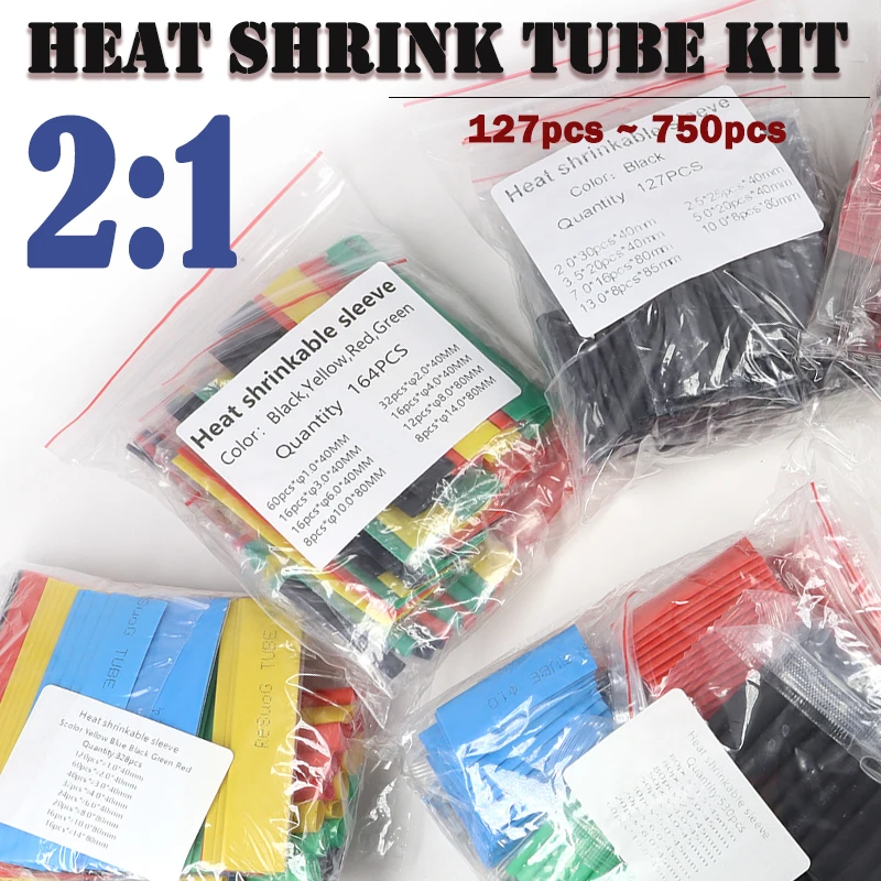 2:1 Shrinkable Baged Heat Shrink Tubing Kit 127/164/328/530pcs Wire Shrinking Wrap Tubing Connect Cover Wire Protection Sleeving