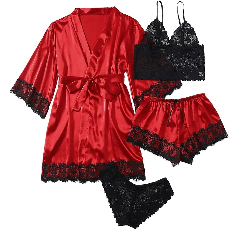 طقم ملابس نوم حريرية مخططة مكون من 4 قطع، ملابس منزلية مثيرة للنساء، ثوب نوم بحمالات صيفي قابل للتنفس #4