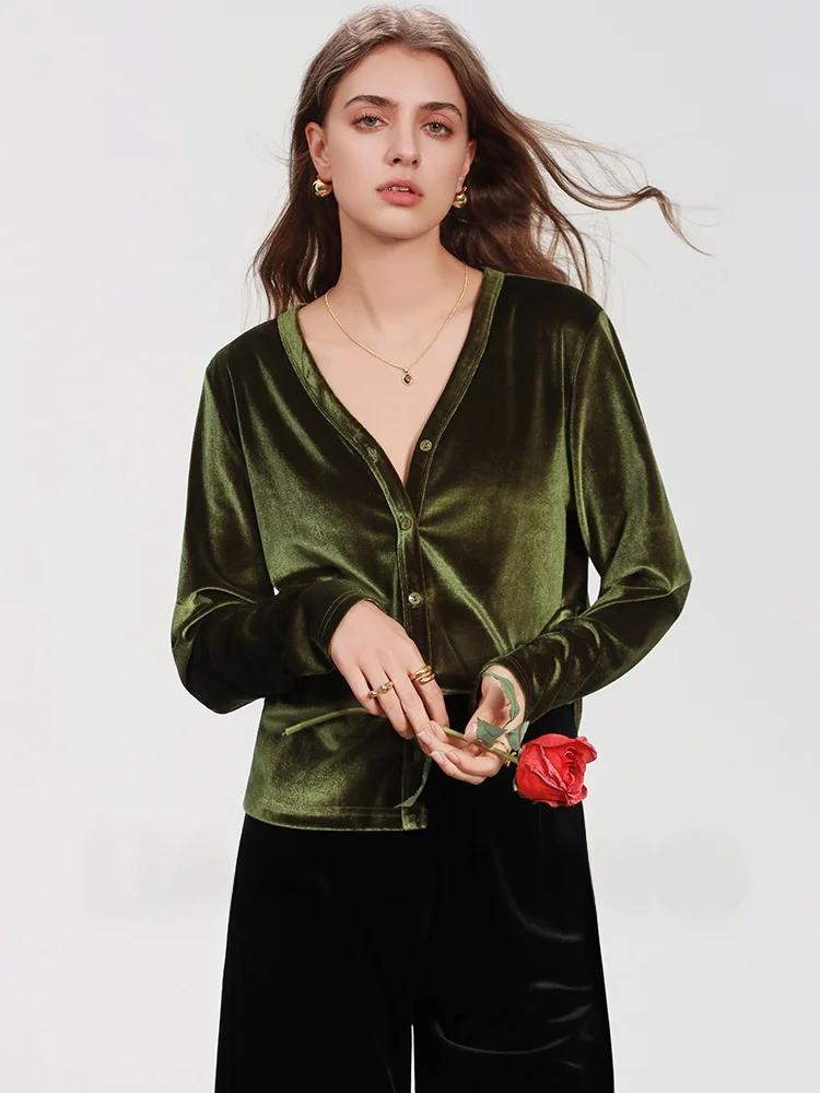 

Ele Velvet Open Cardigan with Micro-Light Sensation V-Ne Retro Sle for Women Straight Cut Long Sve Casual Wear