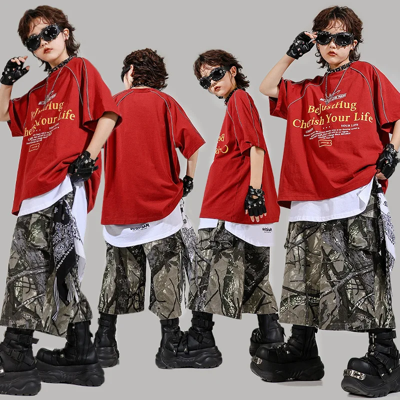

Kid Kpop Hip Hop Clothing Red Letter T Shirt Leaf Print Casual Cargo Shorts Middle Pants for Girl Boy Jazz Dance Costume Clothes