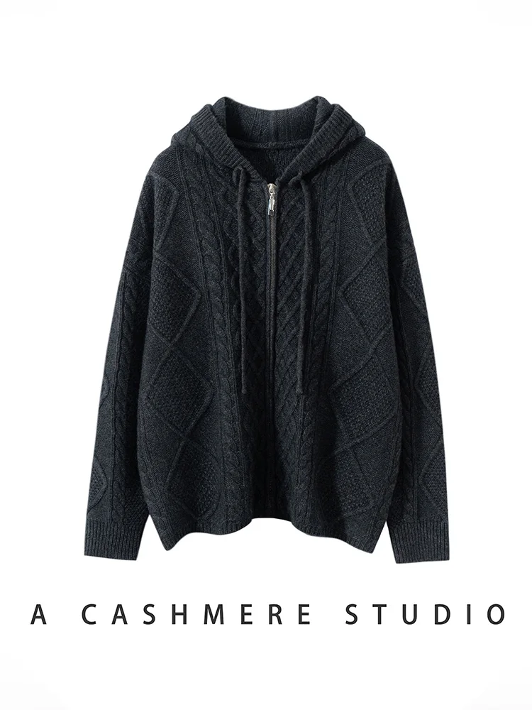 Damski sweter kaszmirowy 100%, gruby, z dzianiny w warkocze, rozpinany na zamek z kapturem, jesienno-zimowy, wysokiej jakości, kaszmirowa odzież dzianinowa, codzienna bluzka.