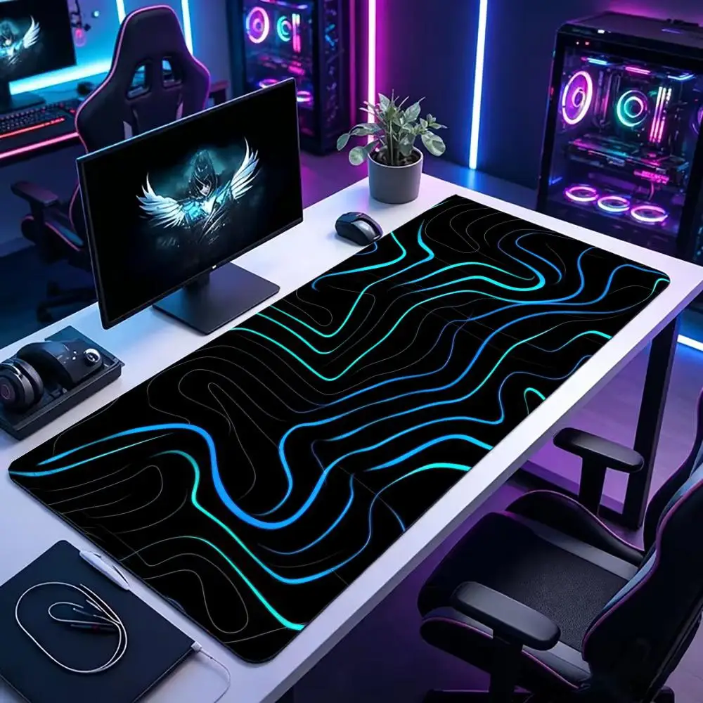 Large XXL Gaming MousePad Desk Mat Keyboard Pad Cyan Neon Contour Line Cyber Tech Black Background Print Laptop PC Gamer Office