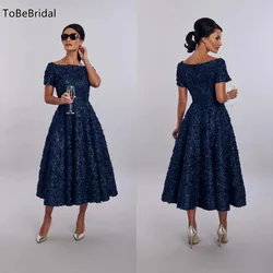 Robe de soirée élégante en dentelle bleu marine, manches courtes, robe trapèze, robe d'invité de mariage, thé formel, robes longues personnalisées