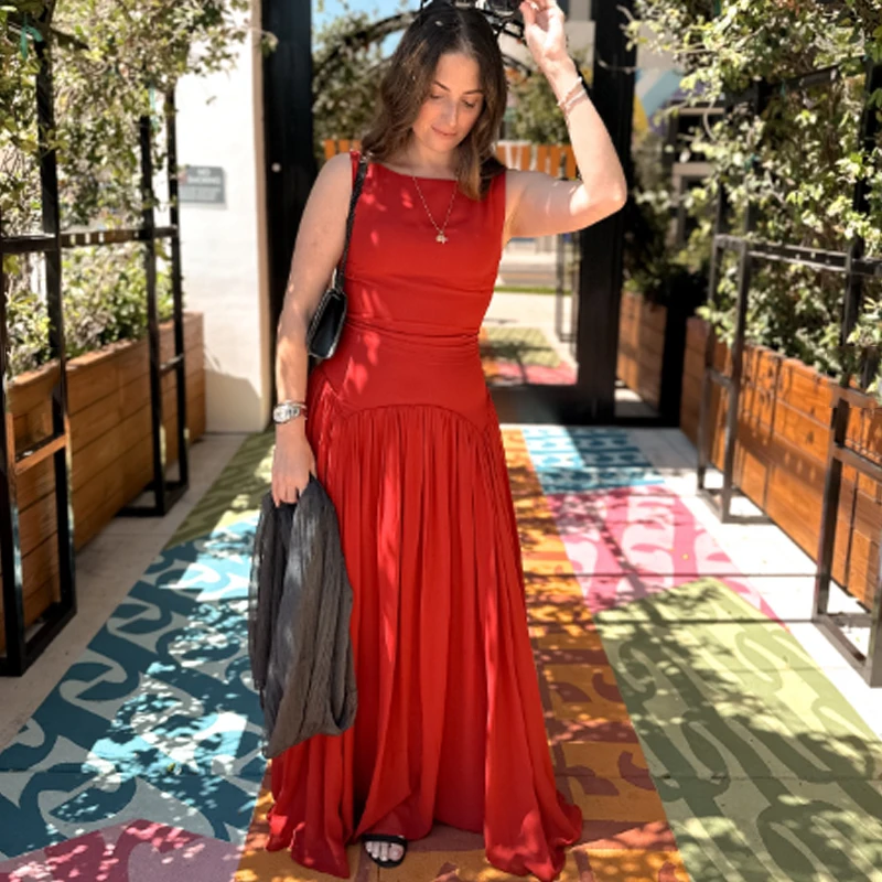 HXAO Sukienki bez rękawów z dzianiny 2025 Damska sukienka patchworkowa plisowana czerwona sukienka letnia elegancka sukienka damska dopasowana sukienka maxi 088