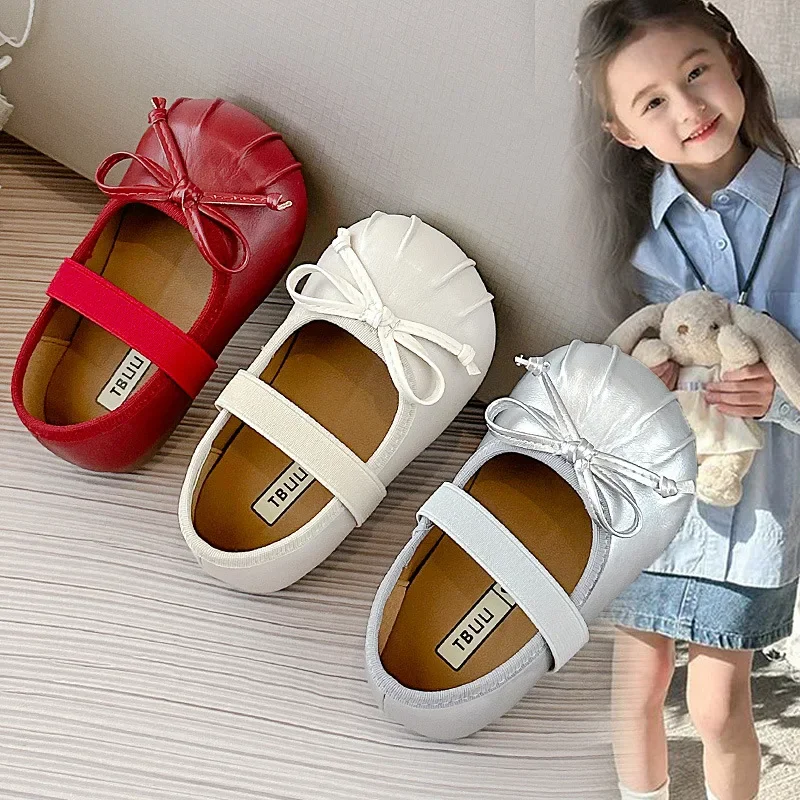 

Girls Flat Shoes with Simple Bows Kids Leather Shoes Korean Style Soild Color 2025 Autumn New Children Leather Shoes Slip-on