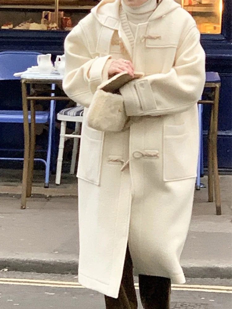 

Пальто шерстяное женское Lerbe Meina 2025 осень-зима, повседневное, в британском стиле, с капюшоном, на пуговицах, в корейском стиле, с эффектом омоложения