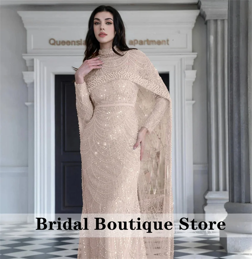 

Champagne Evening Dresses With Cape Bead Crystals Gems Wedding Party Dress For Special Occasions Prom Gown Customized