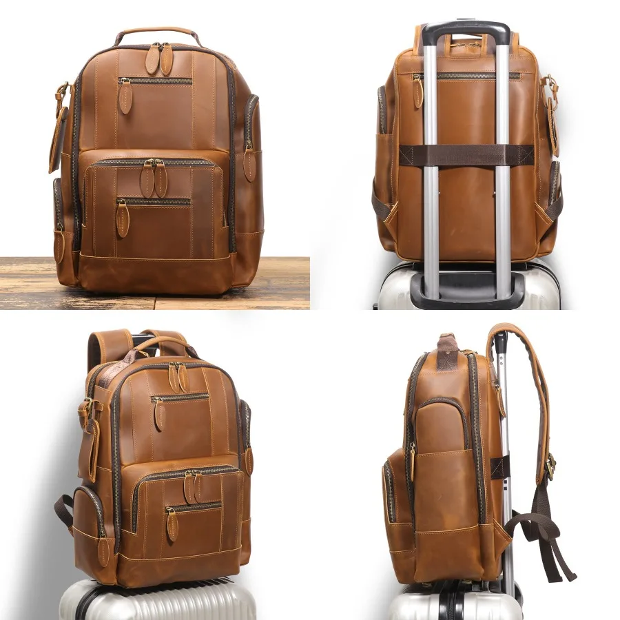 

【Новый стиль】Европейский и американский ретро-рюкзак из натуральной кожи, многофункциональный дорожный рюкзак-чемодан на колесиках Crazy Hors.