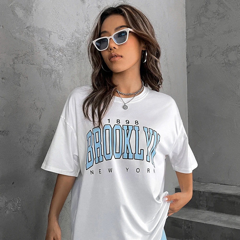 

Hip Hop Streetwear Brooklyn Print T-Shirt Ladies Top White Black Cheap Women Clothing and Free Shipping Y2k Vintage 90s 80s Tees