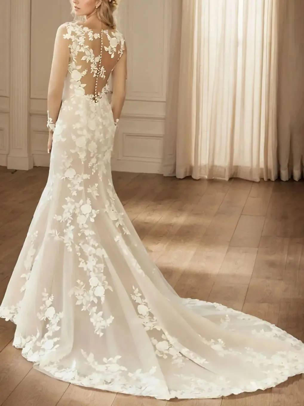 فساتين زفاف رسمية مثيرة حورية البحر عصرية دانتيل كم طويل مزينة برقبة وهمية ذيل محكمة فستان زفاف 2025 مخصص مجاني