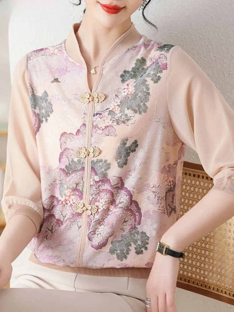 

New Chinese Sle Knitted Top Spring Faion for Older Women Seven Sve Base irt Lady T-irt Loose Fit Button Detail