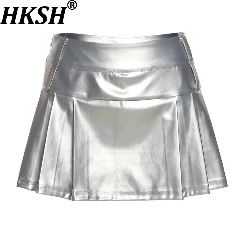 HKSH Women Short Skirt PU Leather A-line Pleated Solid Color Versatile Y2k Streetwear Dance Hip Hop Casual Skirts Summer HK22755