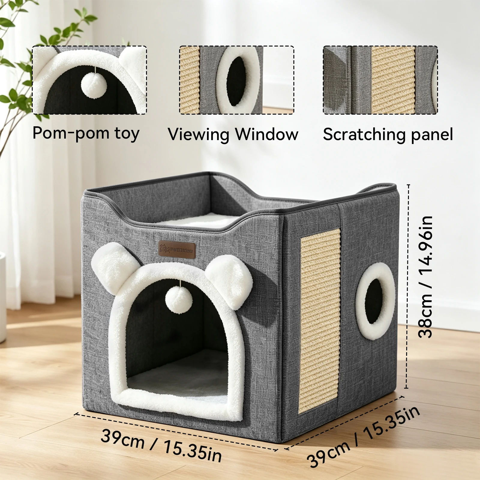 The Three-In-One Foldable Cat Bed Comes With A Built-In Mat. It Features A Cat Ear-Shaped Design, An Open-Top Platform For Resting, And A Cat Scratching Pad. The Fluffy-Decorated Entrance Cat Apartment Is Suitable For Kittens And Adult Cats - A Christmas