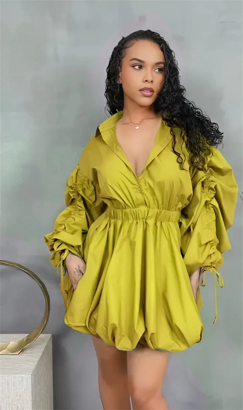 Doyerl Sukienka koszulowa damska z długim rękawem, marszczona, ze sznurkiem, kołnierzykiem, zapinana na guziki, z wysokim stanem, na imprezę klubową, w kształcie litery A, bufiaste mini