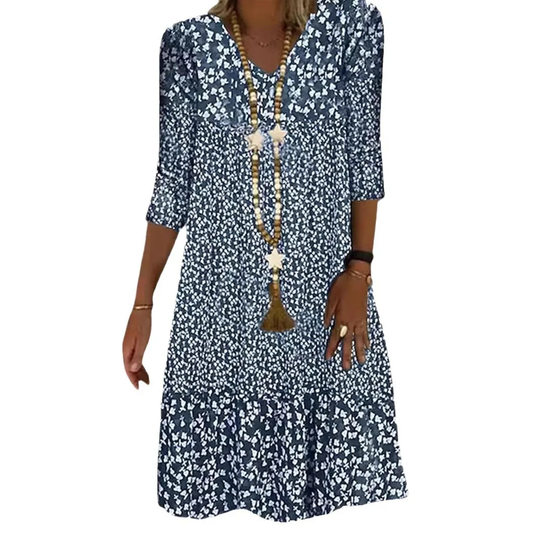 2025 夏の新プリントミッドスリーブ V ネックファッションカジュアルルーズミッドレングスドレス女性 Vestidos デ フィエスタ