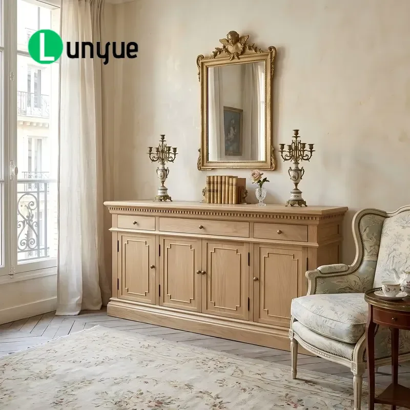 Vintage French Farmhouse Solid Oak Carved Side Cabinet with 3 Drawers Customizable Storage for Kitchen and Dining Room