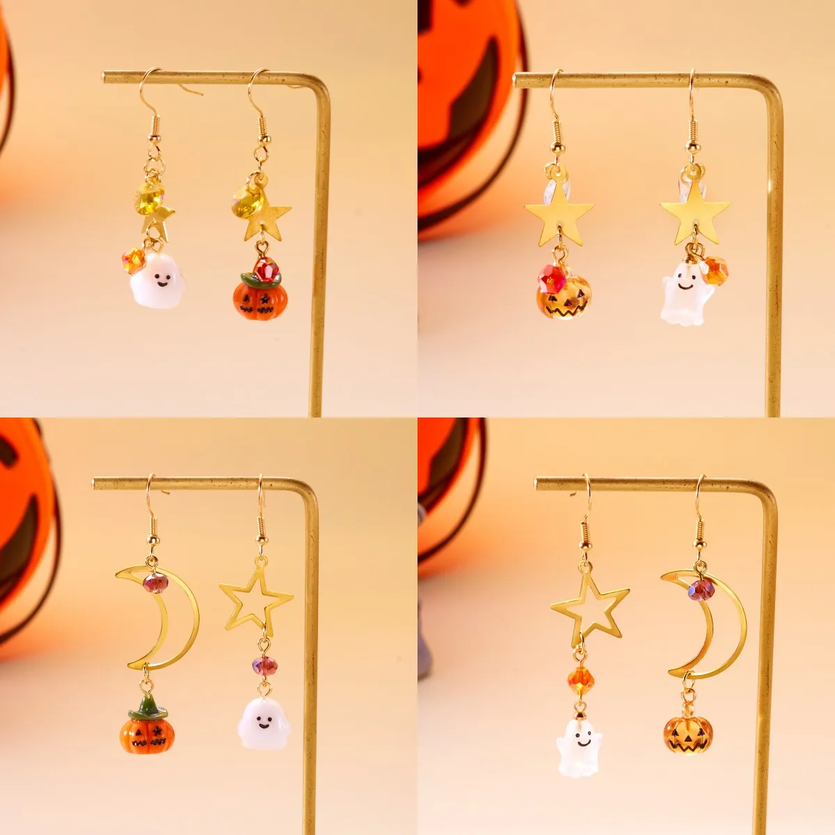

Design Sense Cartoon Pumpkin Earrings for Women Sweet Star Moon Ghost Asymmetrical Long Tassel Earrings Funny Halloween Jewelry