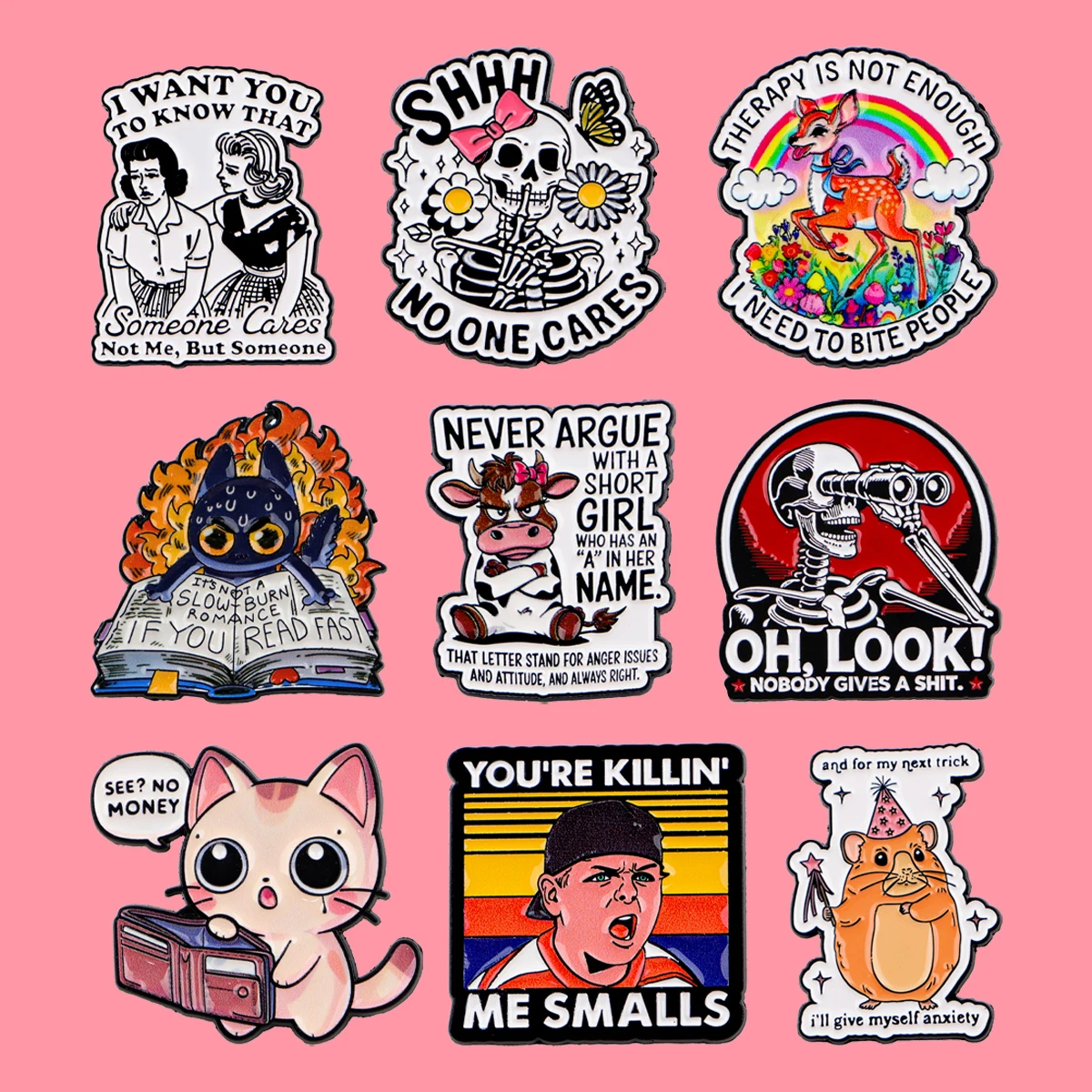 Cartoon Tier Katze Emaille Kiefern Lustige Schädel Zitat Brosche Metall Pins Abzeichen auf Rucksack Kleidung Zubehör Mode Schmuck Geschenke