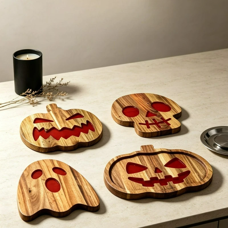 Wooden Halloween Tray Party Decorative Charcuterie Board Acacia Cheese Plate Ghost Skull Pumpkin Loaf Plate