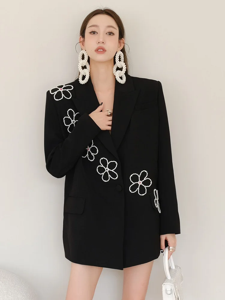 Ladies Fashion Office Lady Vintage Pearl Flower Black Suit Jacket Women's 2023 Autumn New Elegant Trendy Casual Loose Blazers