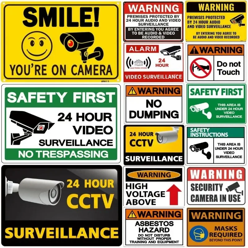 CCTV Video Surveillance Warning Metal Tin Sign Set, 24/7 Security Camera No Trespassing Biological Hazard Retro Plaque, Rustic S
