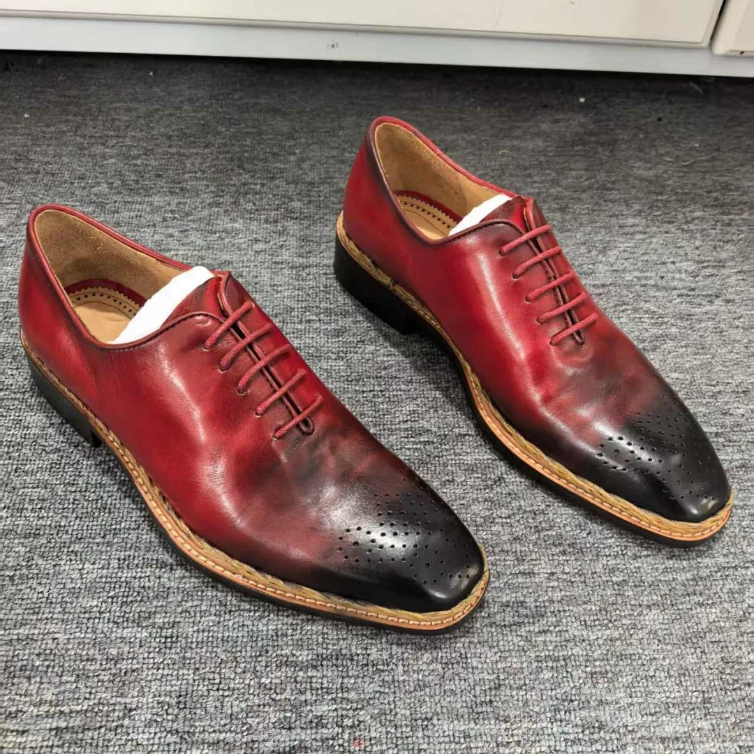 

Gentleman Business Style Flats Shoe Black Patchwork Red Leather Single Shoes For Men Square Toe Lace-Up Zapatos Para Chunky Heel