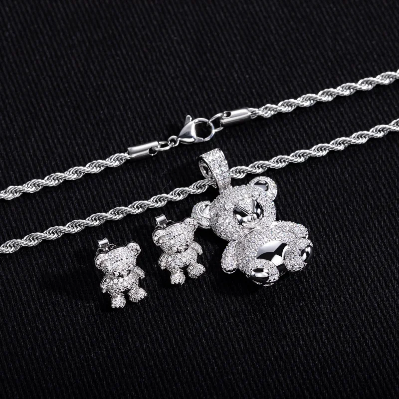 Hip-hop bear studded with moissanite earrings and necklace setS925Silver Fine Custom Jewelry Wholesale
