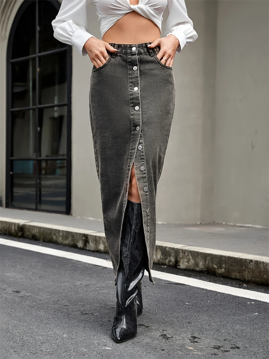 Benuynffy American Streetwear Button Front Denim Skirt Women's Autumn New Retro Fashion High Waist Straight Jean Long Skirts