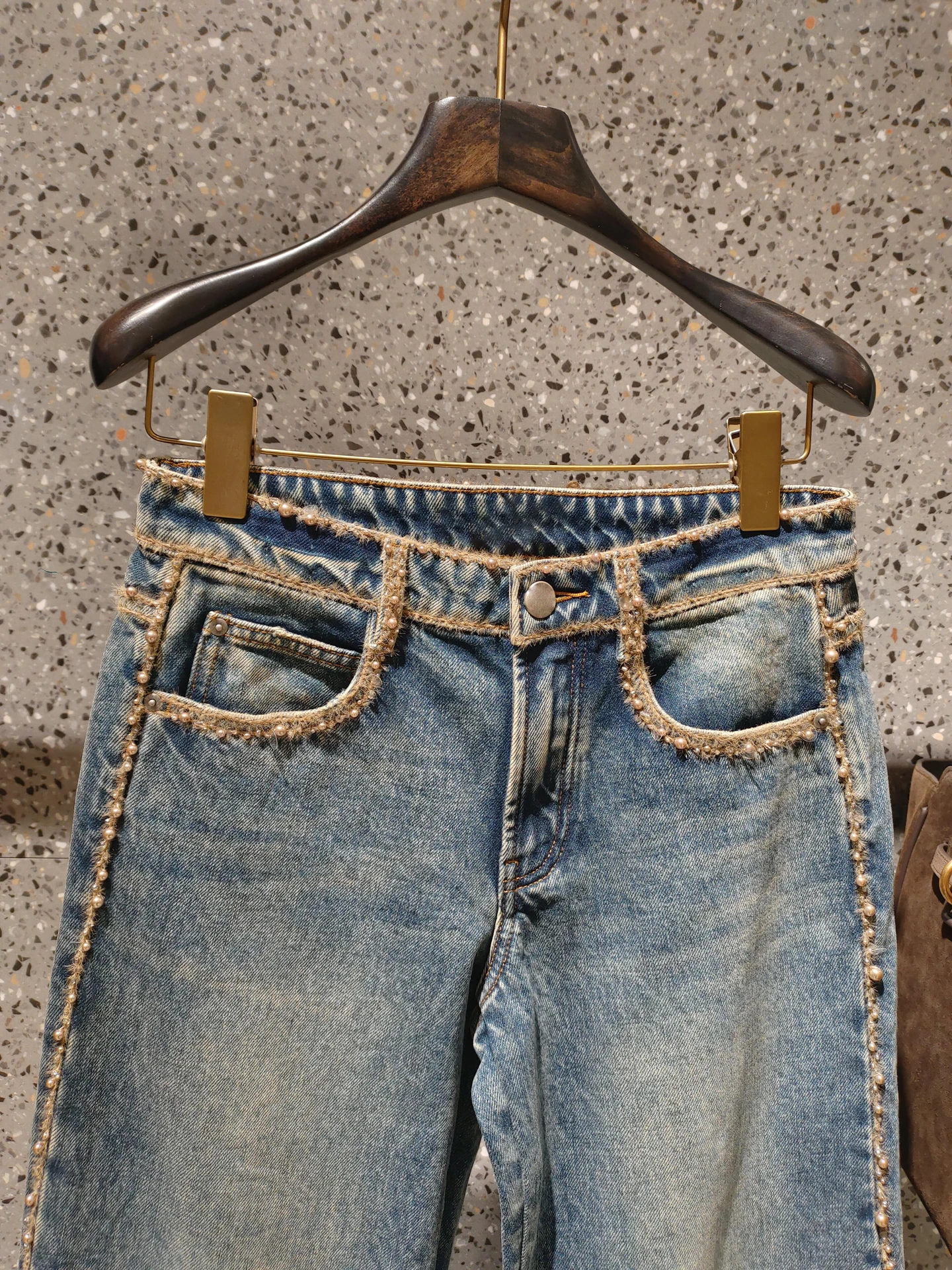 Denim jeans met hoge taille en rechte pijpen Premium Faion Design Sensation Waed out Diamond Embellied Casual broek voor dames