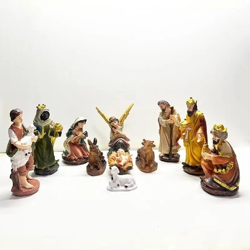 KX4B 12pcs Jesus Nativity Scene Statue Christmas Manger Decoration Set Resin Wisemen