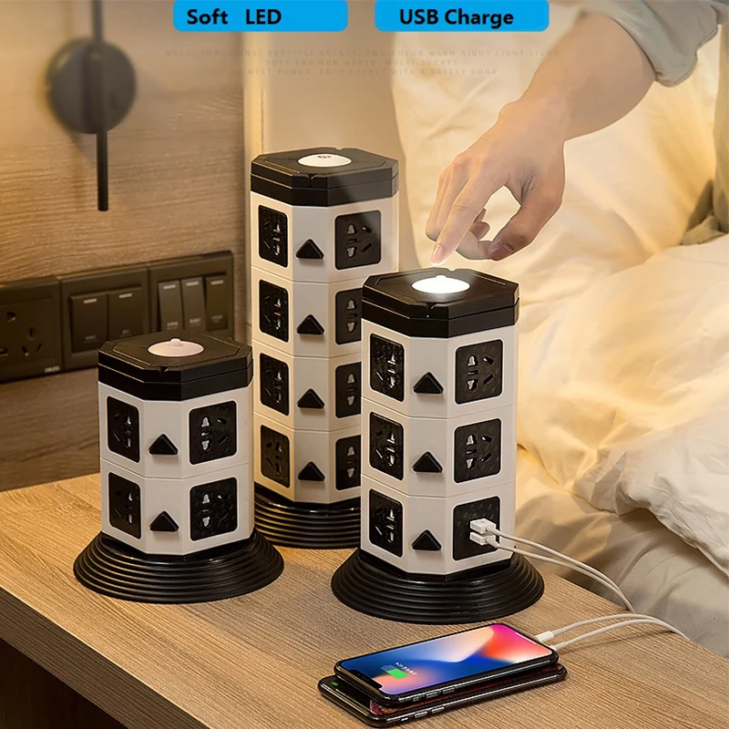 AU New Zealand China Tower Power Strip with Night Light 7/11/15 Outlets with 2USB Charger Ports 1.8M Extention Cord